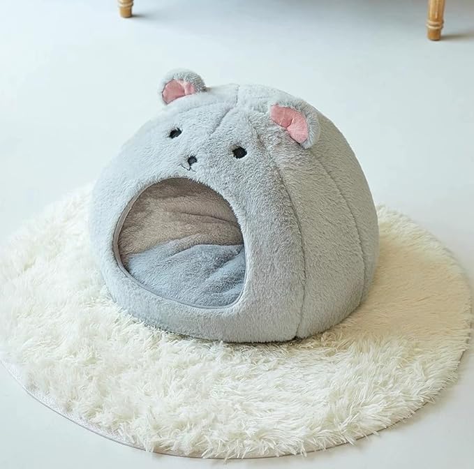 Cozy Mouse Ear Pet Cave Bed Ultra-Soft Gray Plush cave Bed, Cat Cave Beds Cat House Cat Tent with Removable Washable Cushioned Pillow, Cat Beds&Dog Beds,Perfect for Small & Medium Pets