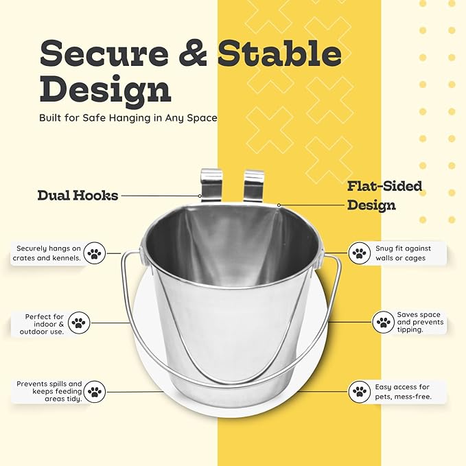 6 quart Stainless Steel Flat Sided Bucket with Dual Hooks | 1.5 gal Durable Food & Water Bowl for XL Dog Goat Sheep & Livestock | Fits kennel Cage Critter Crate | Hanging Utility Pet Pail