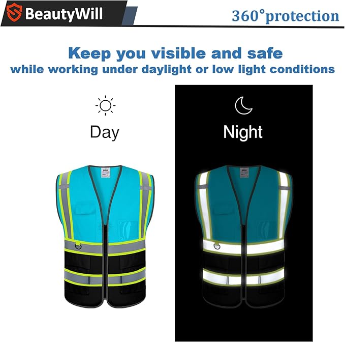 10 Pack Custom Safety Vest Customized Logo Mesh Vest Class 2 High Visibility Reflective Vest with Pockets Workwear（LightBlue Black，XXL ）