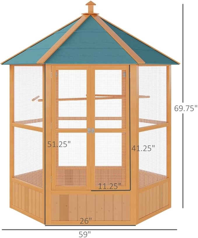 59" Large Wooden Hexagonal Outdoor Aviary Flight Bird Cage with Covered Roof, Green