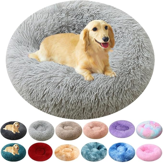 Calming Small Dog Bed & Cat Bed, 16 Inch Donut Fluffy Anti-Anxiety Round Bed Washable Cute Bed, Cuddler Warming Cozy Soft Bed, Plush Cushion Bed for Small Medium Dogs and Cats (Light Grey)