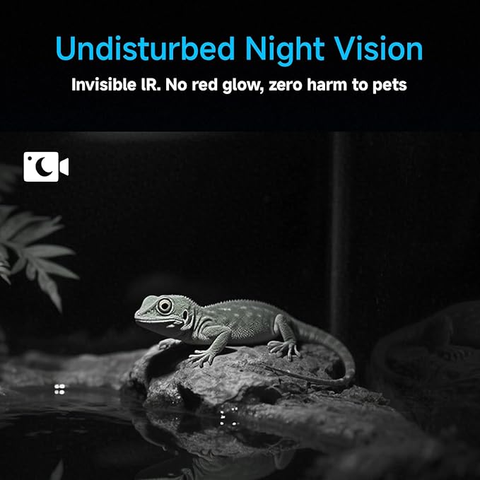 2K HD Reptile Tank WiFi Camera, 140° Wide-Angle Night Vision for Bearded Dragon, Gecko, Chameleon & Exotic Lizards, Anti-Glare Glass Mount, Two-Way Audio, AI Motion Alerts, 24/7 Recording
