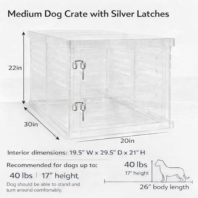 Clear Acrylic Medium Dog Crate Furniture with Blush Cushion for Medium Dogs up to 40 lbs, 3 in 1 Pet Crate and Gate, Modern Furniture Style Indoor Kennel, Dual Silver Latch, 20 x 30 x 22 in