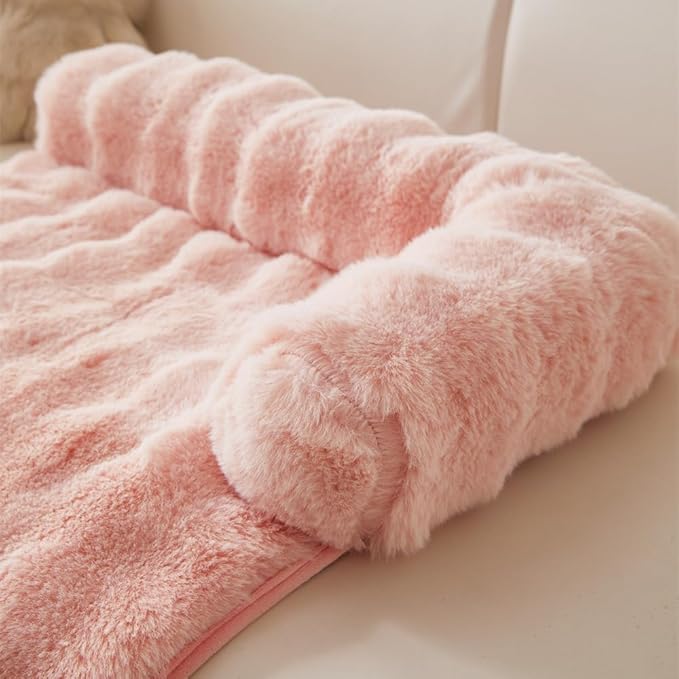 Calming Dog Bed Mat, Fluffy Fuzzy Couch Cover for Sofa, Winter Thickened Pet Mat with Anti-Slip Bottom Warm Soft Cushion Washable Pet Bed for Small Dogs and Cats (Pink, 90x90cm/35.4x35.4in)