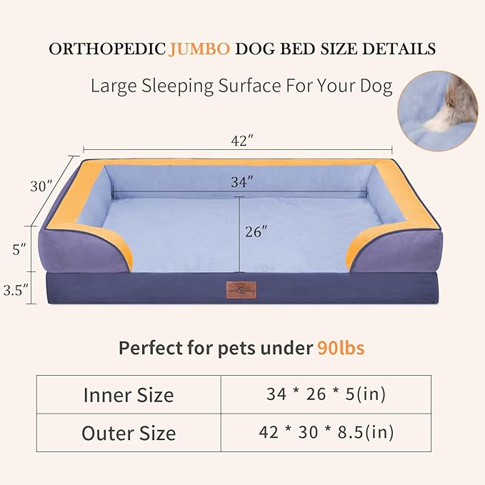Comfort Expression Orthopedic Dog Bed for Extra Large Dogs 42x30 Inch, Waterproof Egg Crate Foam XL Pet Bed with Removable Bolsters, Dog Couch with Washable Cover & Non-Slip Bottom, Twilight Wave