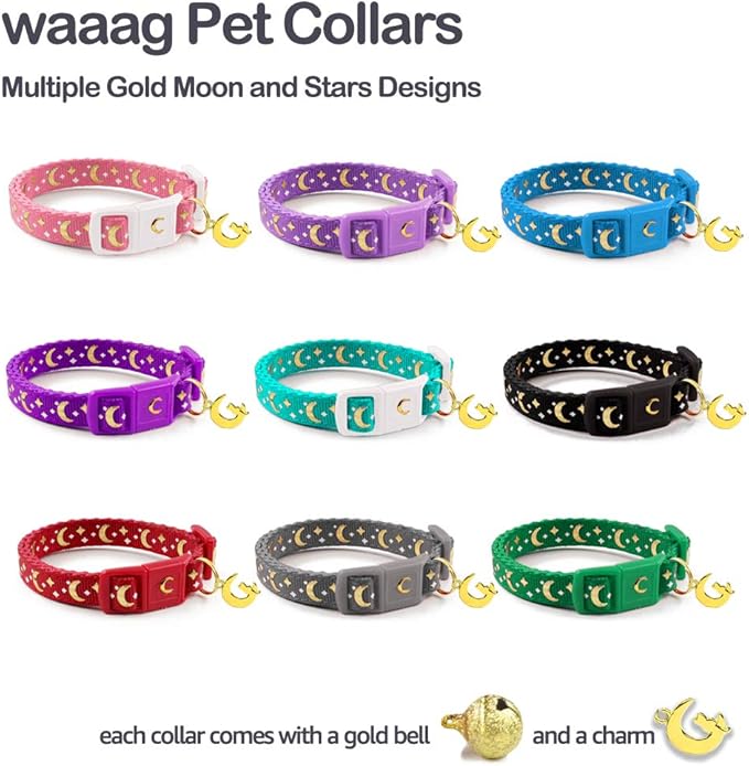 WAAAG Cat Collars, Gold Moons and Stars Cat Collar, Safety Breakaway Cat Collar, Glow in The Dark (Kitten 6.5"-10" Neck, Lavender)