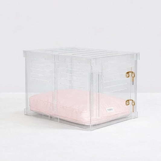 Clear Acrylic Small Dog Crate Furniture with Blush Cushion for Small Dogs up to 22 lbs, 3 in 1 Pet Crate and Gate, Modern Furniture Style Indoor Kennel, Dual Gold Latch, 16 x 24 x 18 in