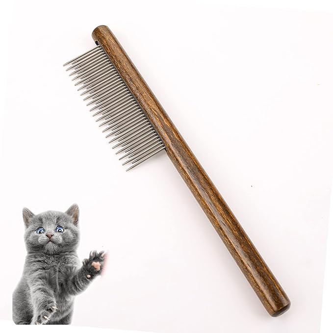 Dog Cat Comb with Solid Wood Handle Stainless Steel Teeth, Professional Pet Grooming Supplies Accessories Perfect for Honghair Hairy Pets