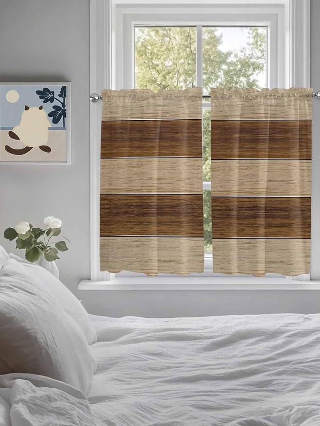 Retro Country Brown Wooden Board Window Valance Curtains, Farmhouse Gradient
