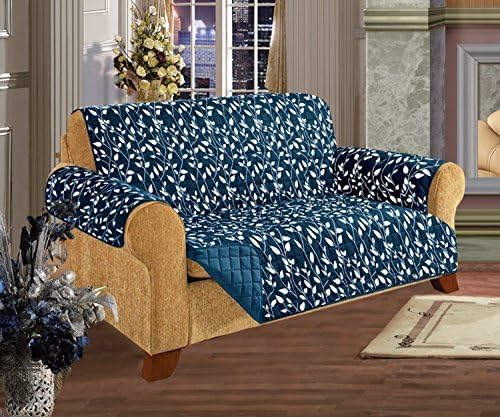 Elegant Comfort Reversible Furniture Protector for Pet Dog Children Kids -2 Ties to Stop Slipping Off Treatment Microfiber As Soft as Egyptian Cotton, Navy Blue Leaf Blue Love Seat