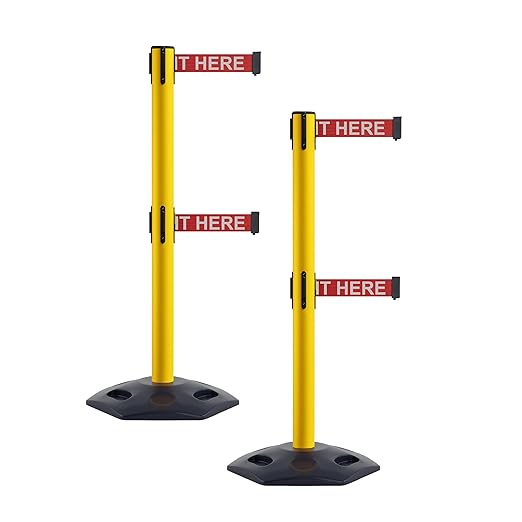 CCW Series WBB-200D - Set of 2 Retractable Dual Belt Stanchion Safety Barrier, Heavy-Duty Rubber Base Yellow Post (7.5 Foot Belt, Red with"Please Wait Here" White Letters Belt)