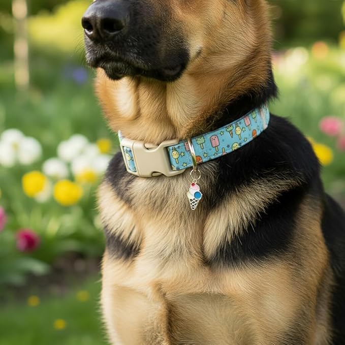 Cute Dog Collar, Girl Boy Dog Collar for Medium Dogs, Blue Collar with Ice Cream Print for Spring Summer, Adjustable Pet Collar Made of Soft Durable Fabric and Robust Buckle, M