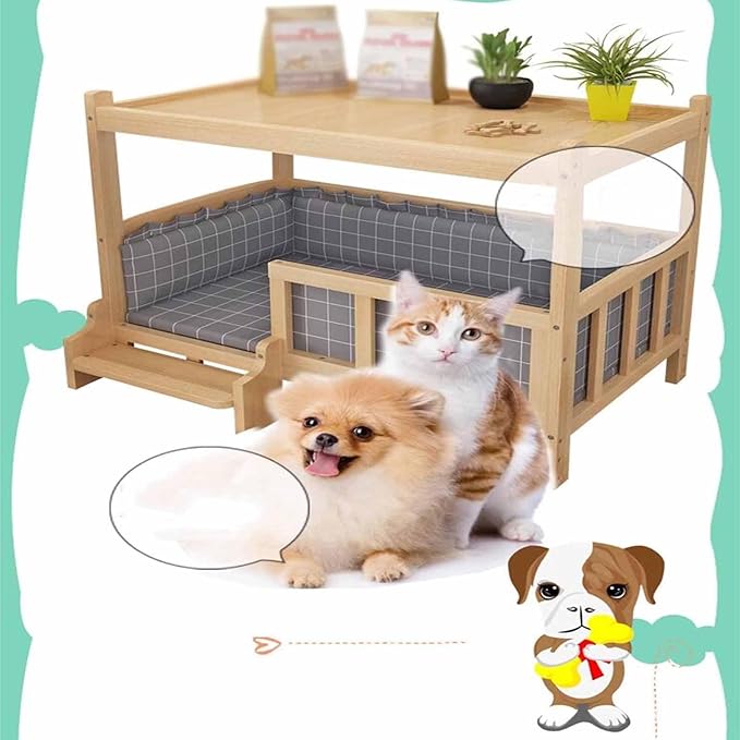 XPLKQXE Dog Bed Wood Platform, Elevated Pet Cushion Bed, Animal Couch with Mattress, Dog Beds & Furniture Rest Cot, Portable Fence Bed Pet Up to 45kg/100lbs(Color:Woody,Size:90x55x70cm)