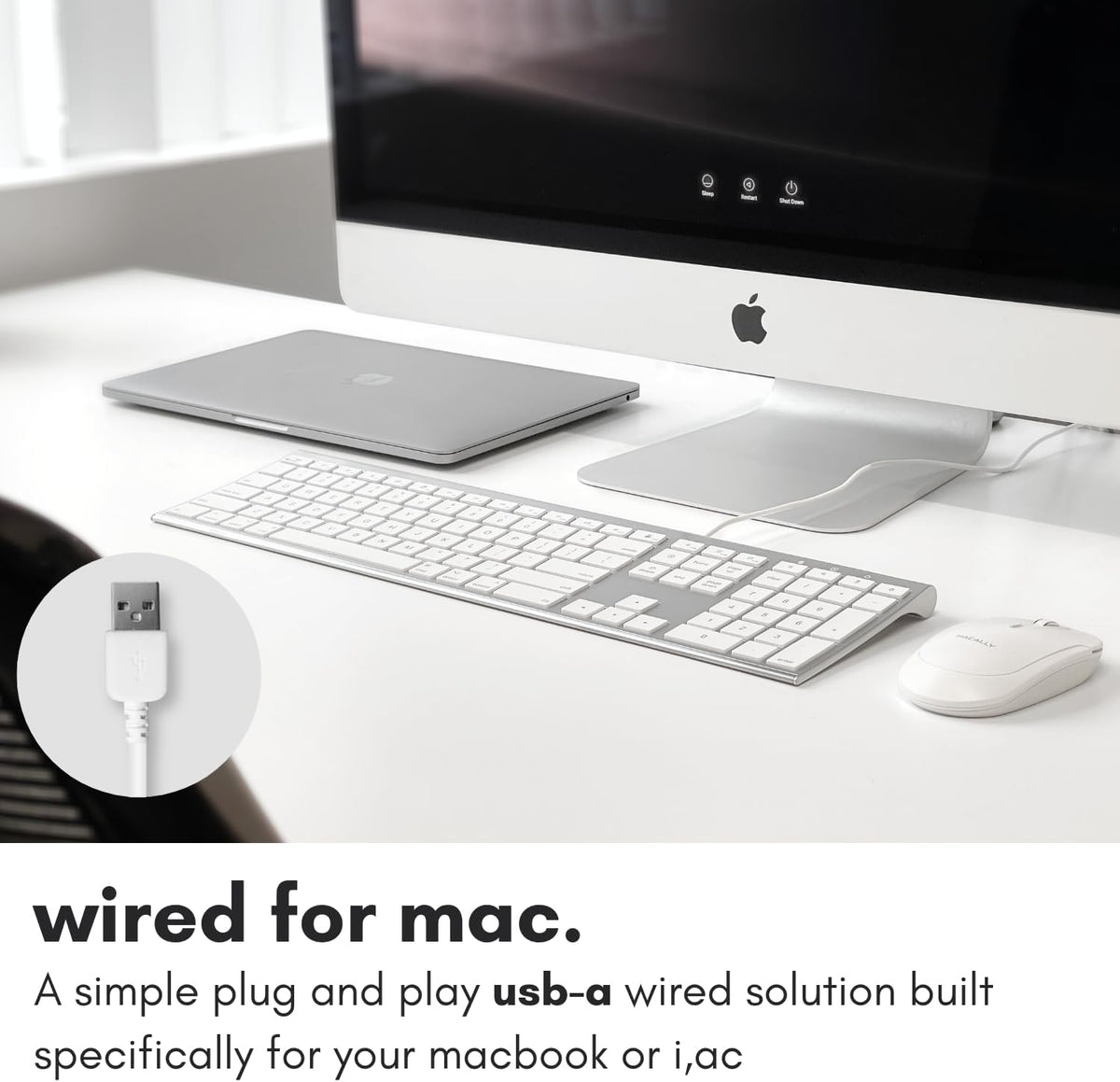 Macally Ultra Slim USB Wired Computer Keyboard - Compatible Apple Keyboard or Windows - Full Size with 20 Mac Keyboard Keys -with Numeric Keypad - Silver Aluminum Finish