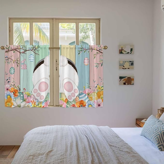 Easter Kitchen Tier Curtains 45 Inch Long 2 Panel Set, Rod Pocket Short Window