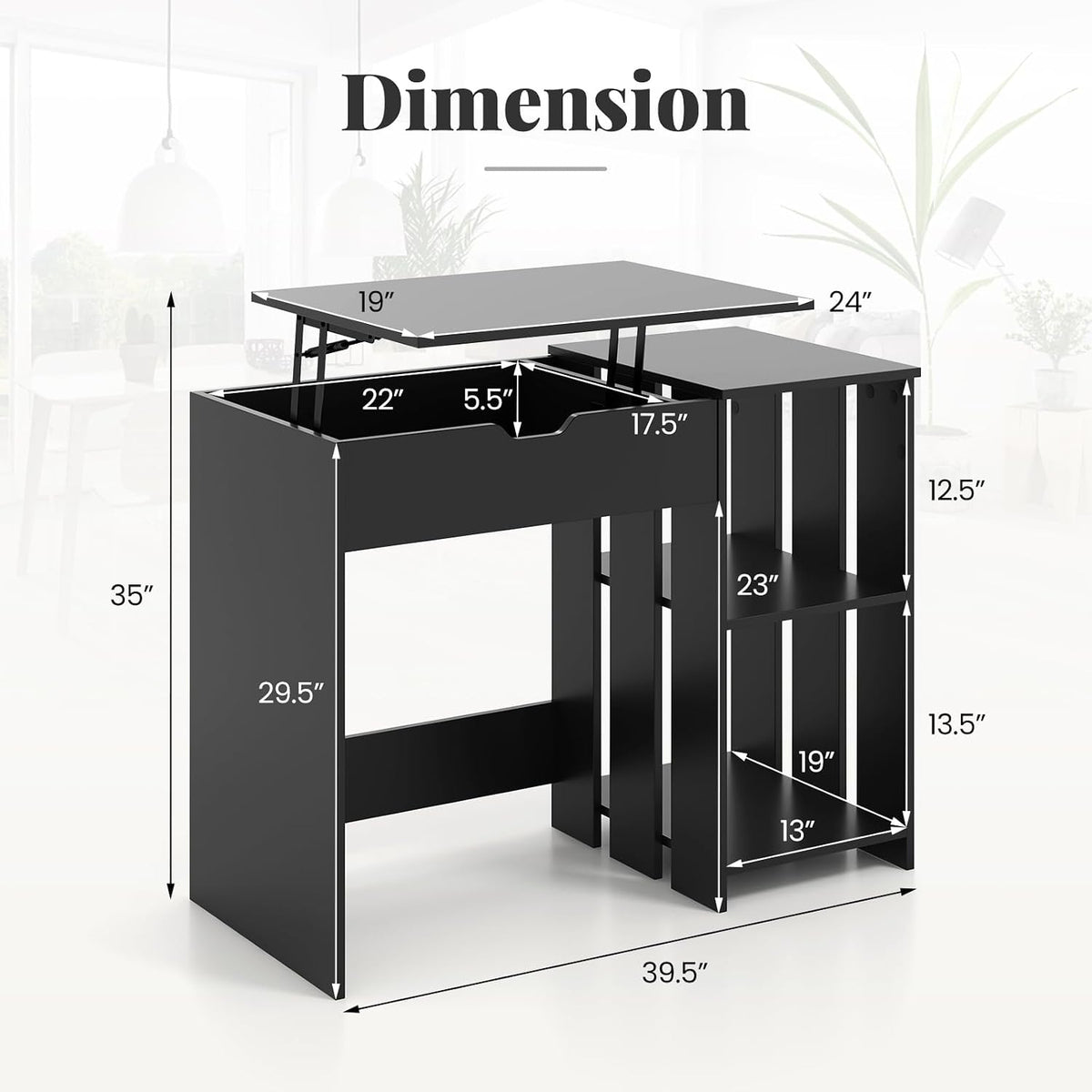 Tangkula Computer Desk with Lift Top, Space Saving Standing Desk with Hidden Compartment and Open Storage Shelves, Study Writing Desk with Lifting Mechanism, Black