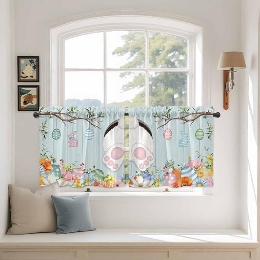 Easter Bunny Kitchen Tier Curtains 36 Inch Long 2 Panel Set, Rod Pocket Half