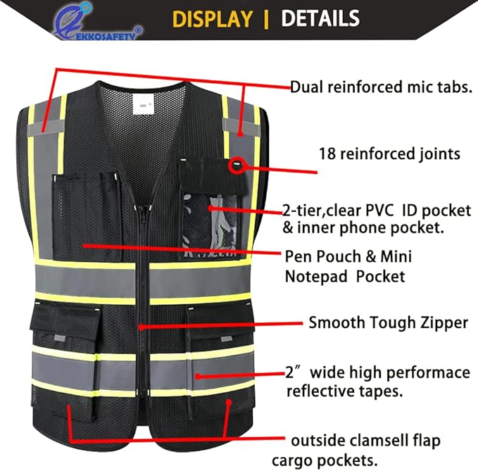 9 Pockes Black Reflecive Safety Vest for Men with Double Stitching Knots around All Pockets and Zipper High Visibility Mesh Construction Work Vest,Meets ANSI/ISEA Standards(EK176-Black-3XL)
