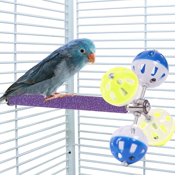 Perch Toy with Rotating Balls Suit for Small and Medium Birds, Budgies, Budgerigars, Parakeets, Parrots, Cockatiels, Parrotlets, Lovebirds, Ringnecks, Conures (Natural Pepper Wood, Purple/Yellow)