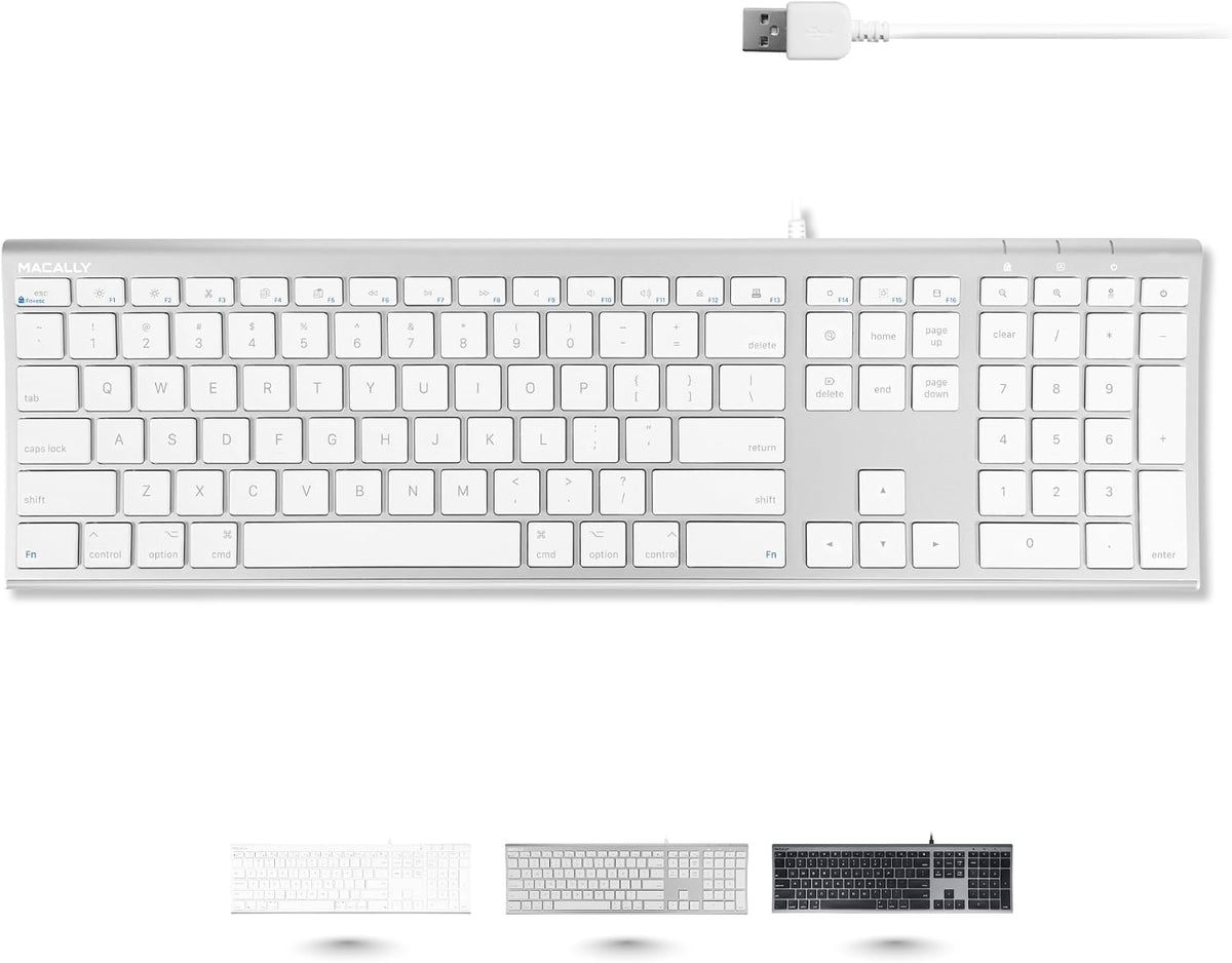 Macally Ultra Slim USB Wired Computer Keyboard - Compatible Apple Keyboard or Windows - Full Size with 20 Mac Keyboard Keys -with Numeric Keypad - Silver Aluminum Finish