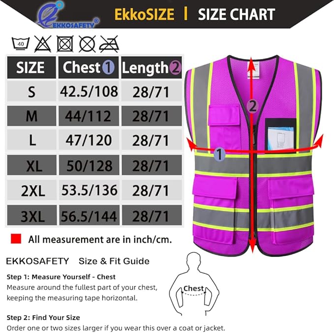 Purple Safety Vest for Men Women Reflective with 8 Pockets and Zipper Front Mesh High Visibility Vest Hi Vis Construction Work Vest,Meets ANSI/ISEA Standards(EKH1-Purple-L)