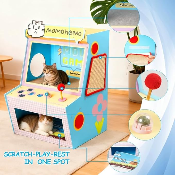 Cat House with Bed & Scratcher - Multi-Level Cat Activity Center Tower for Indoor Cats, Gaming Console Design Cat Condo with Sisal Scratching, Cat Scratcher & Mat, Cardboard Tree & Toys