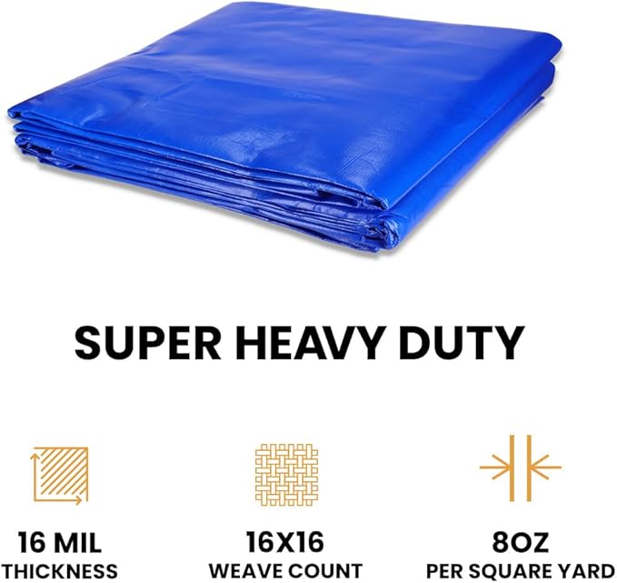 WHITEDUCK 12' x 20' Super Heavy Duty Poly Tarp Thick 16 Mil, Waterproof 100% UV Resistant Rip/Tear Proof Tarp w/Rustproof Grommets & Reinforced Edges (Blue,16 mil Finished Size: 11'6"x19'6")