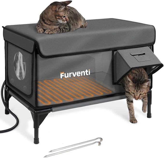 Outdoor Heated Cat House in Winter,Extremely Insulated & Weatherproof,Elevated Feral Cat Shelter with Waterproof Eaves & Escape Door for Outside Stray Barn Cat (Dark Grey, XL)