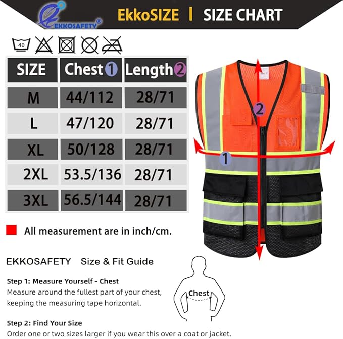 Safety Vest for Men Women Reflective with 5 Pockets and Zipper Front Mesh High Visibility Construction Vest Hi Vis Work Vest,Meets ANSI/ISEA Standards(EK175-Orangeblack-L)