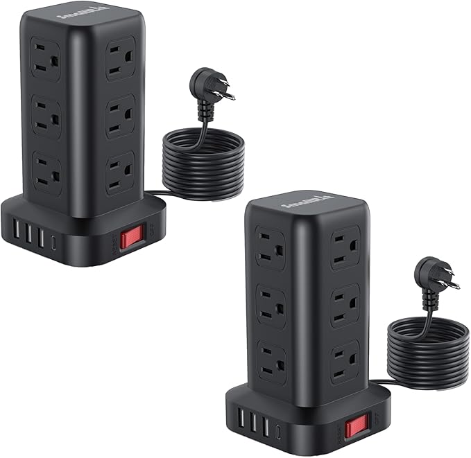 2 Pcs Power Strips with Surge Protection, 6.5 FT Extension Cord with Multiple Outlets, 12 AC 4 USB (1 USB C), Surge Protector Power Strip Tower Overload Protection for Home Office Desk