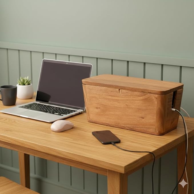 Extra Large Cable Management Box - Acacia Wood - Cable Organizer Box and Power Strip Box for Electrical Cord Management - Hide Desk Cord and Floor Cables - Wire Storage and Organization for Cords