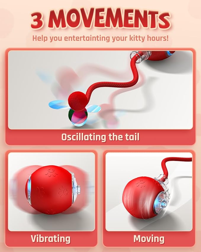 Interactive Cat Toys for Indoor Cats, 2025 Upgraded 360° Anti-chew Safe Material Moving Cat Ball with Tail, Interactive Cat Toys for Bored Indoor Adult Cats to Keep Them Busy (Red, 2.2in)