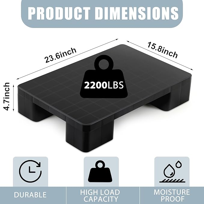 1 Pcs Plastic Pallet for Basement Storage Easy Stack Lightweight Floor Pallet Display Flooring Room Supermarket Christmas, Support up to 2000 Lbs (23'' L X 16'' W X 4.7'' H,Black)