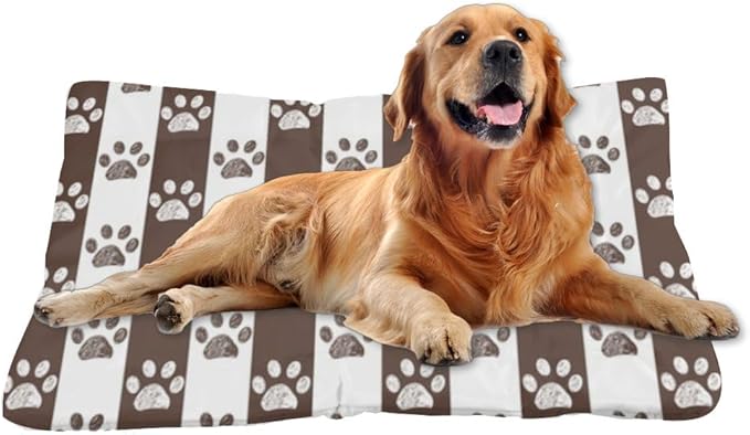 Brown Paw Print Stripes Washable Dog Bed Pet Crate Mat Puppy Pads Dog Crate Liner Pad Washable Non-Slip Cushion Bed for Small Dogs Sleeping Mat Small Indoor Outdoor 24X18 Inch