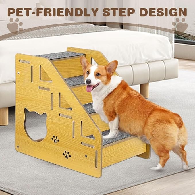 4-Step Wooden Pet Stairs Nonslip Carpeted Indoor Pet Steps Wooden Pet Ladder Pet Furniture for Dogs and Cats for Bed