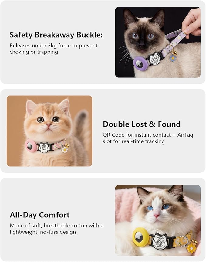 Breakaway Cat Collar with QR Code ID & AirTag Holder, Adjustable Cotton Kitten Collar with Bell, Cute Floral Safety Collar for Indoor & Outdoor Cats Pastoral Style with airtag Holder(Yellow)