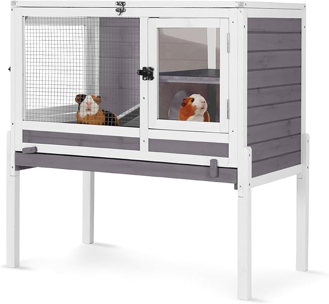 Indoor Rabbit Hutch Guinea Pig Cages 2-Story Wooden Small Animal Cage Bunny House with Chew-Proof Aluminum Alloy Frame, Pull-Out Tray, Leakproof PVC Layer, Detachable Legs (Grey)