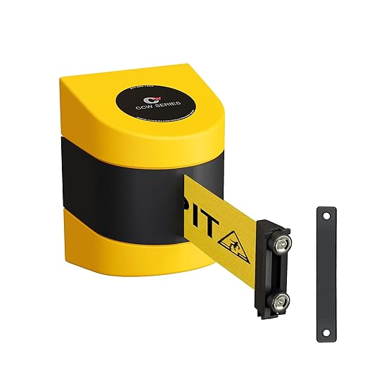 Crowd Control Warehouse - CCW Series WMB-220 Magnetic Wall Mount Retractable Belt Barrier - 15 Foot, Yellow with"Beware Open Pit" Black Letters Belt with Yellow ABS Case