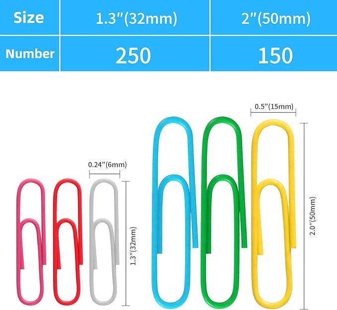 Multicolor Jumbo Paper Clips, 1.3 Inch (33mm) & 2 Inch (50mm), 400-Pack for Office, School & Home Document Organizing (Colorful, 1.3 Inch and 2 Inch)