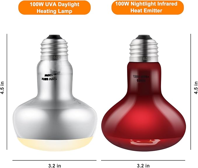 DXOPHIEX 2 Pack 100W Reptile Heat Lamp Bulbs Reptile Heat Bulbs, UVA Basking Bulb and Infrared Light Bulb Combo, Basking Light for Bearded Dragon, Turtles, Snake and Lizard