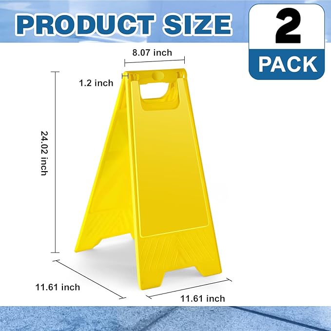 2 Pack 24 Inch Blank Floor Sign Yellow A-frame Foldable Caution Sign Stick/Write-On Double Sided Safety Warning for Pool Restaurant Restroom Office