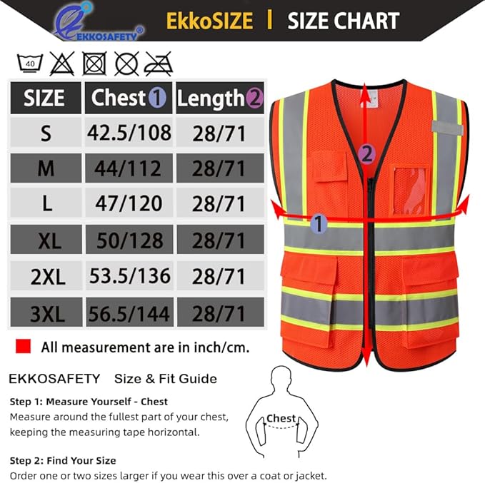 Safety Vest for Men Women Reflective with 5 Pockets and Zipper Front Mesh High Visibility Vest Hi Vis Construction Work Vest,Meets ANSI/ISEA Standards(EK175-Orange-3XL)