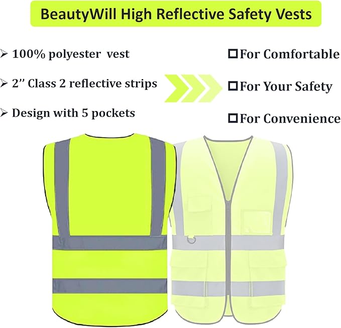 Safety Vest 5 Pack Customize Logo Class 2 High Visibility Reflective Vest with 5 Pockets Construction Security Work Vest ANSI/ISEA Standards（Yellow，S）