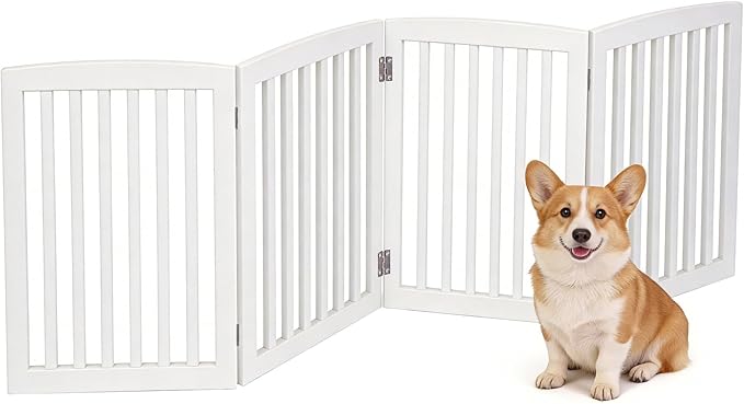 ZENY 24 Inch Pet Dog Gate, Foldable Freestanding Dog Door 4 Panel, White Wooden Z Shape Step Over Pet Fence for Entryway, Stairs, Doorway, White