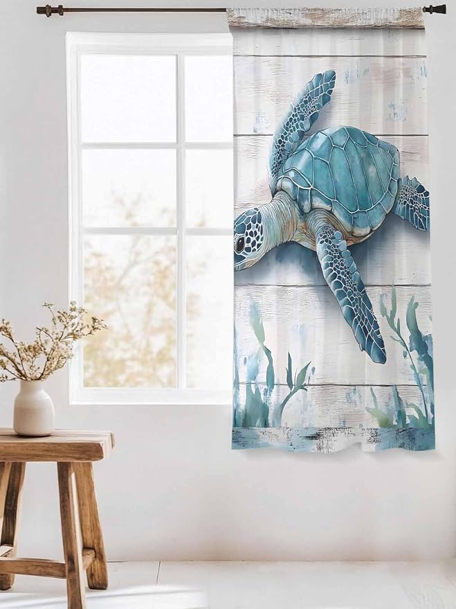 Sheer Curtains 63 Inch Length, Teal Green Sea Turtle Semi Sheer Curtains Light