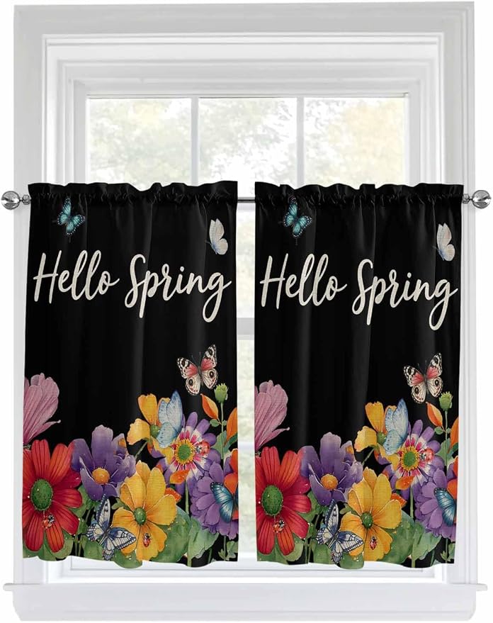 Spring Flowers Kitchen Curtains 54 Inches Length, Watercolor Country Colorful