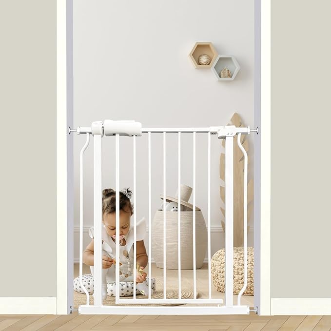 29-34 Inch Baby & Pet Gate - White Metal, Pressure Mounted, Walk Through Safety Gate for Narrow Stairs & Doorways