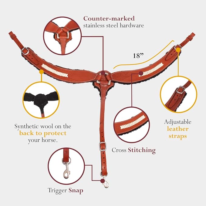 Western Horse Breast Collar - Hand-Tooled Leather Tack for Barrel Racing, Roping & Trail Riding - Durable Adjustable Fit - Rodeo & Show-Quality Equestrian Gear