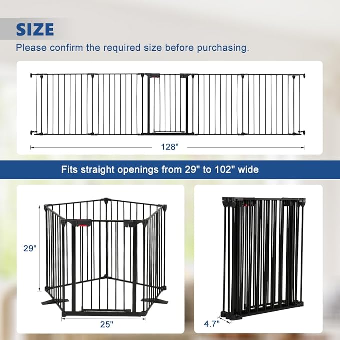 Freestanding Dog Gates with Door Walk Through, Extra Wide Doggy Door 125" W x 29" H Pet Gate Safty 5 Panels Dog Fence for Stairs, Doorways