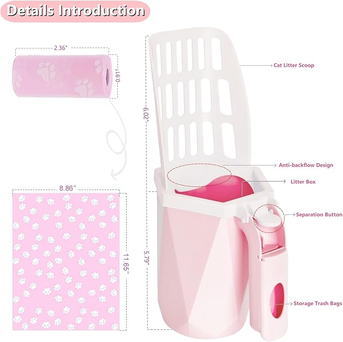 Cat Litter Scoop, Cat Litter Scooper with Holder and 150 Cat Poop Bags for Litter Box: Removable Litter Sifter Shovel and Large Capacity Trash Can, Portable Kitty Poop Scooper Built in Bags (Pink)